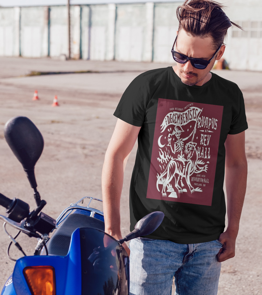 YABB Records Presents The Decemberists Rumpus At Revolution Hall June 14th Portland OR Skeleton Riding Mythical Creature T-Shirt