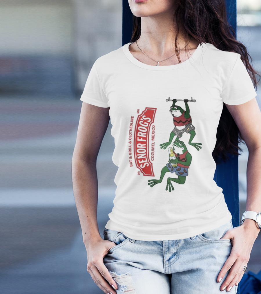 Senor Frog's Cozumel Mexico Bar And Grill Clothesline With Frogs In Striped Shirts And Shorts With Beer And Weights T-Shirt