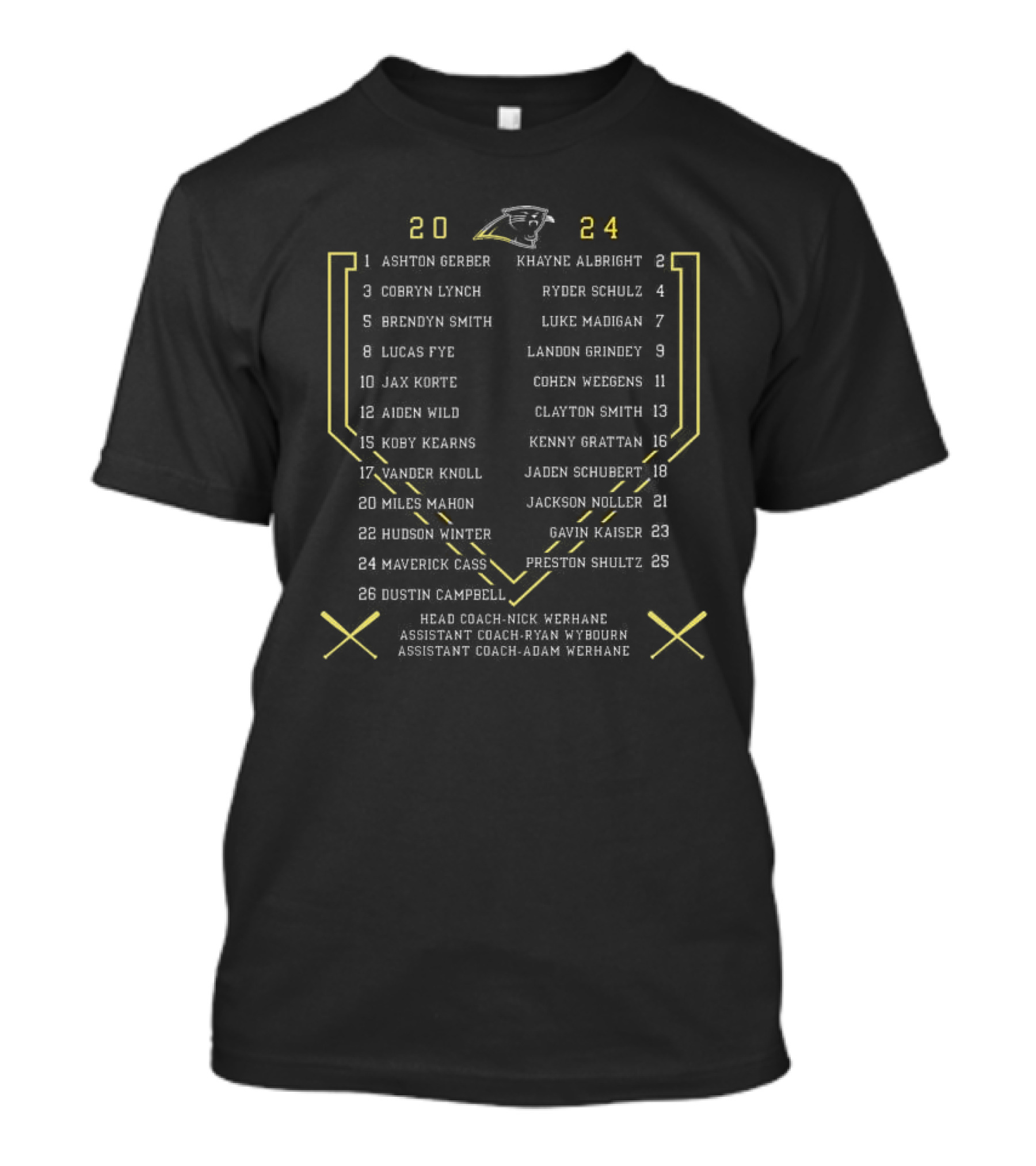 Le-Win Baseball 2024 Roster Ashton Gerber Khayne Albright Head Coach Nick Werhane Assistant Coaches Ryan Wybourn Adam Werhane T-Shirt