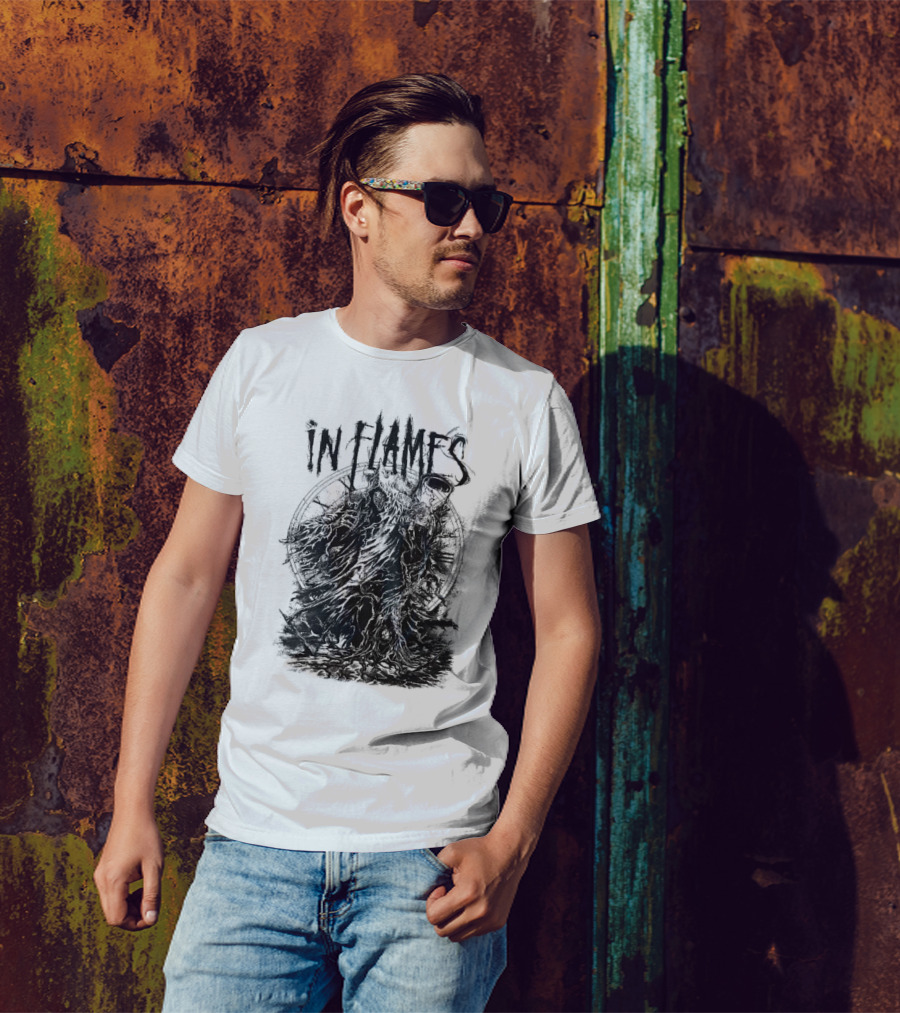 In Flames Cloaked Ghoul Dark Shrouded Figure With Clock Background T-Shirt