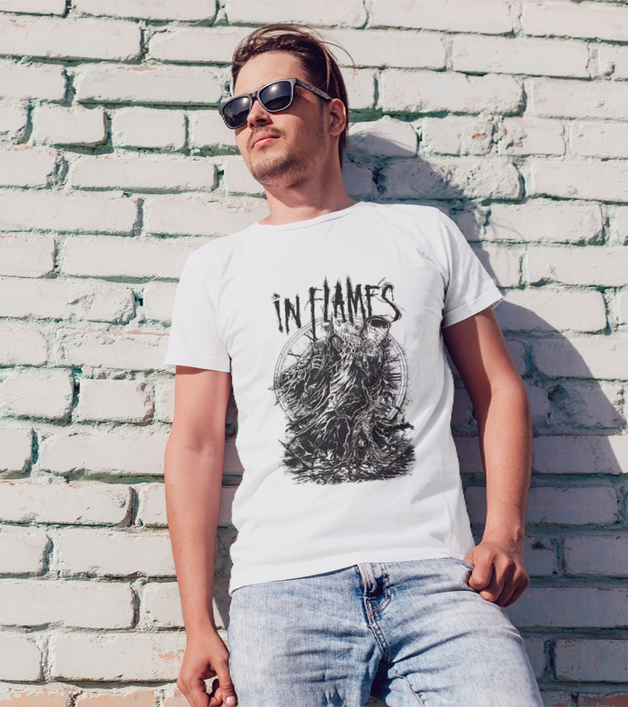In Flames Cloaked Ghoul Dark Shrouded Figure With Clock Background T-Shirt