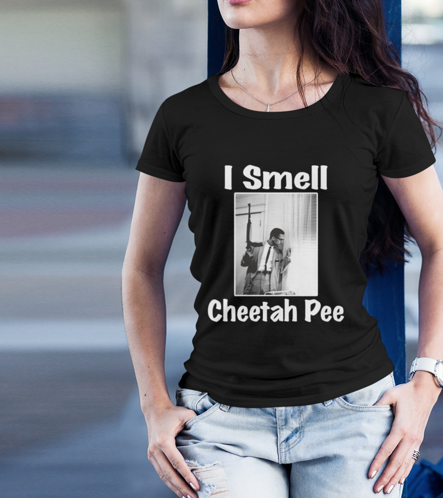 I Smell Cheetah Pee Man Holding Gun By Window T-Shirt