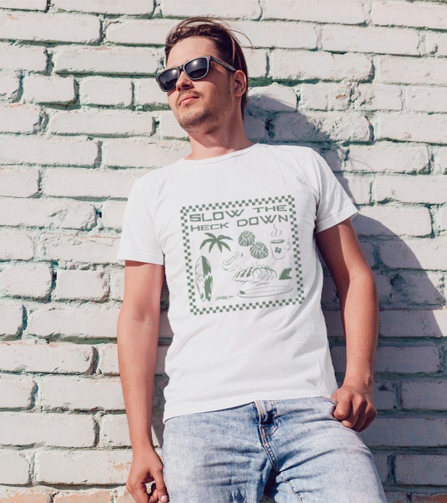 Slow The Heck Down Tropical Surf Palms Cup And Waves T-Shirt