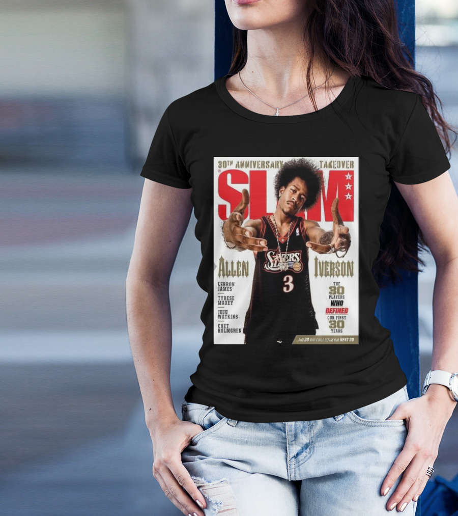 Slam 30th Anniversary Takeover Allen Iverson 76ers Cover Featuring LeBron James Tyrese Maxey Juju Watkins Chet Holmgren T-Shirt