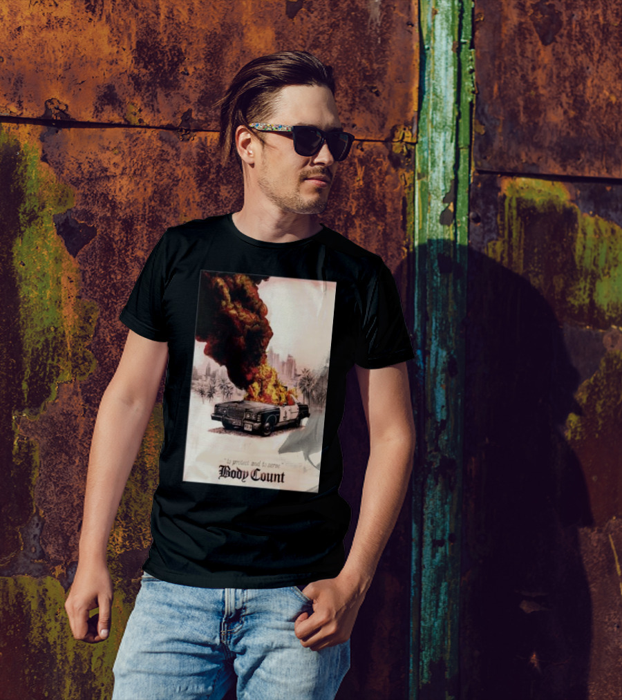 Body Count Clisson France June 28 2024 Burning Police Car Palm Trees T-Shirt