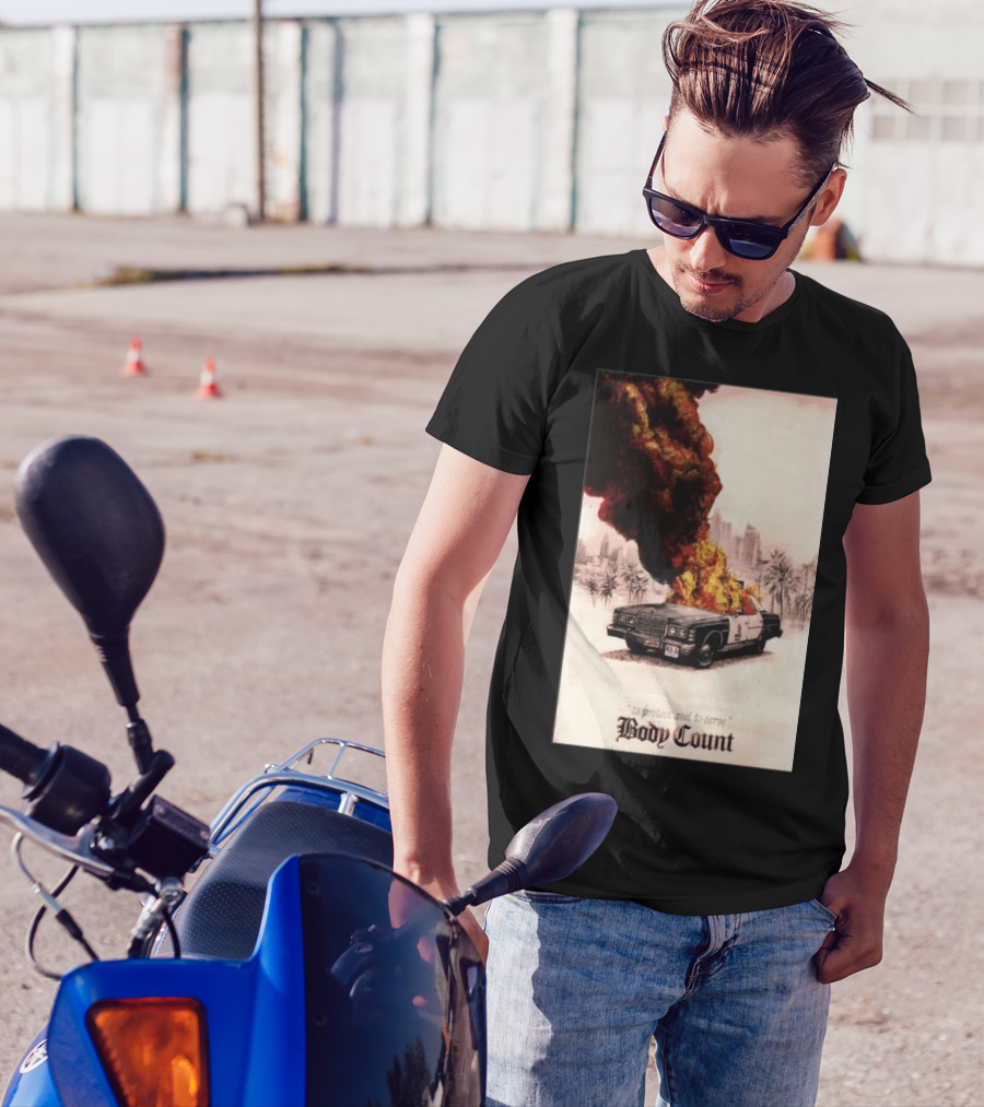 Body Count Clisson France June 28 2024 Burning Police Car Palm Trees T-Shirt
