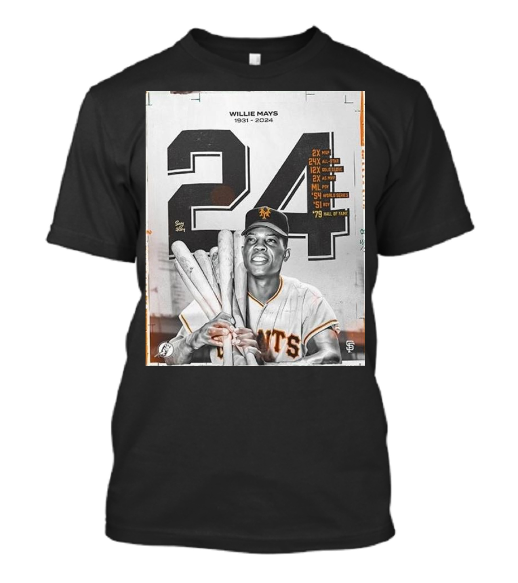 Willie Mays 1931-2024 Giants Legend 24x All-Star MVP Hall Of Fame T-Shirt