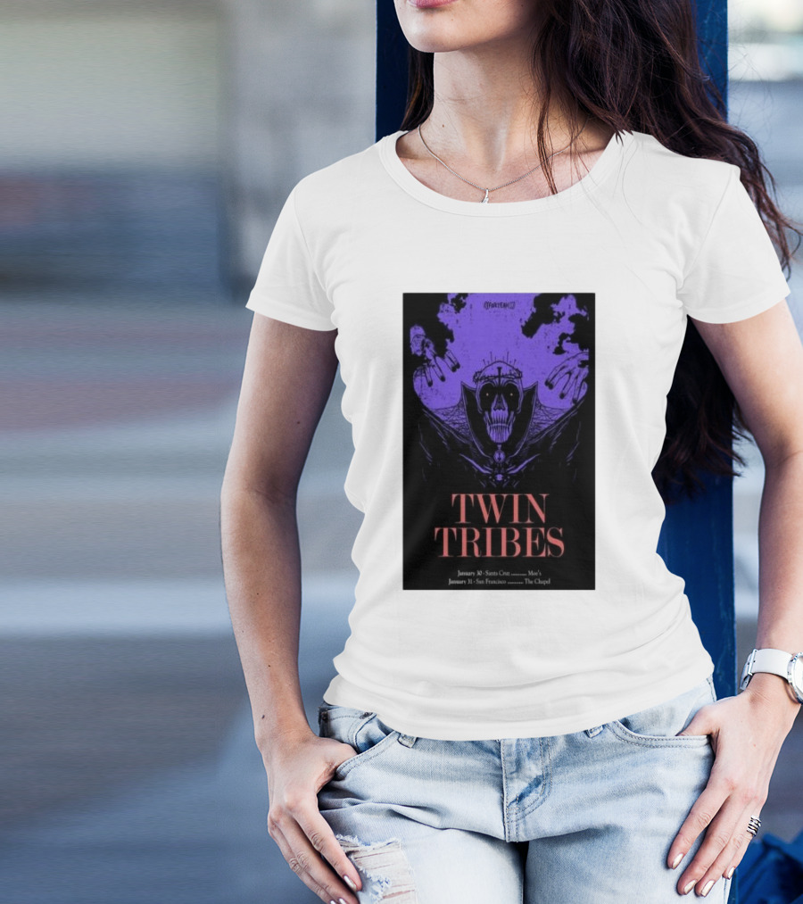 Twin Tribes January 30 2024 Santa Cruz Show Poster With Gothic Skull Motif And Hands T-Shirt