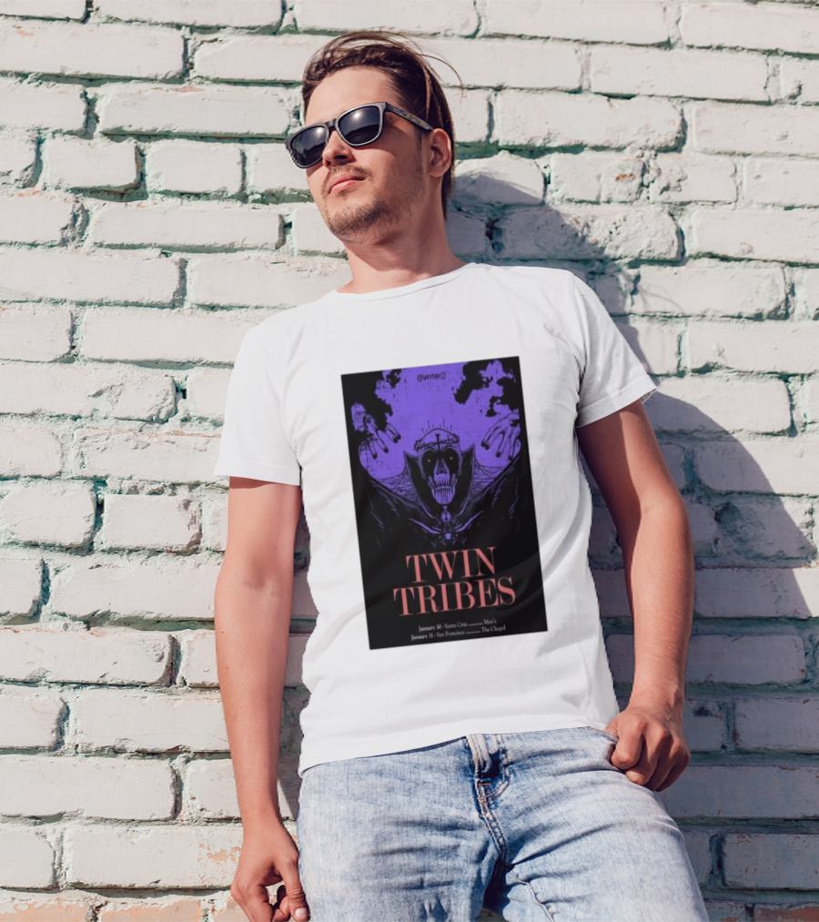 Twin Tribes January 30 2024 Santa Cruz Show Poster With Gothic Skull Motif And Hands T-Shirt