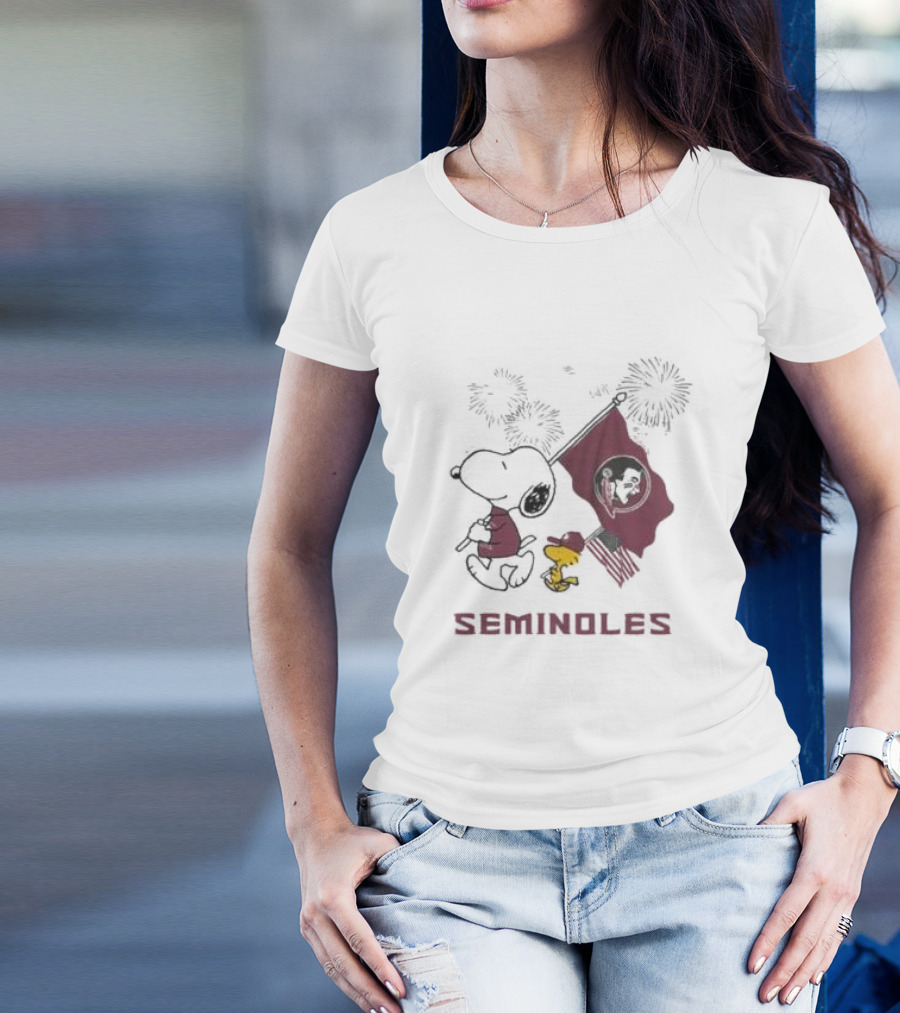 Snoopy Woodstock Holding Florida State Seminoles Flag Happy 4th Of July T-Shirt