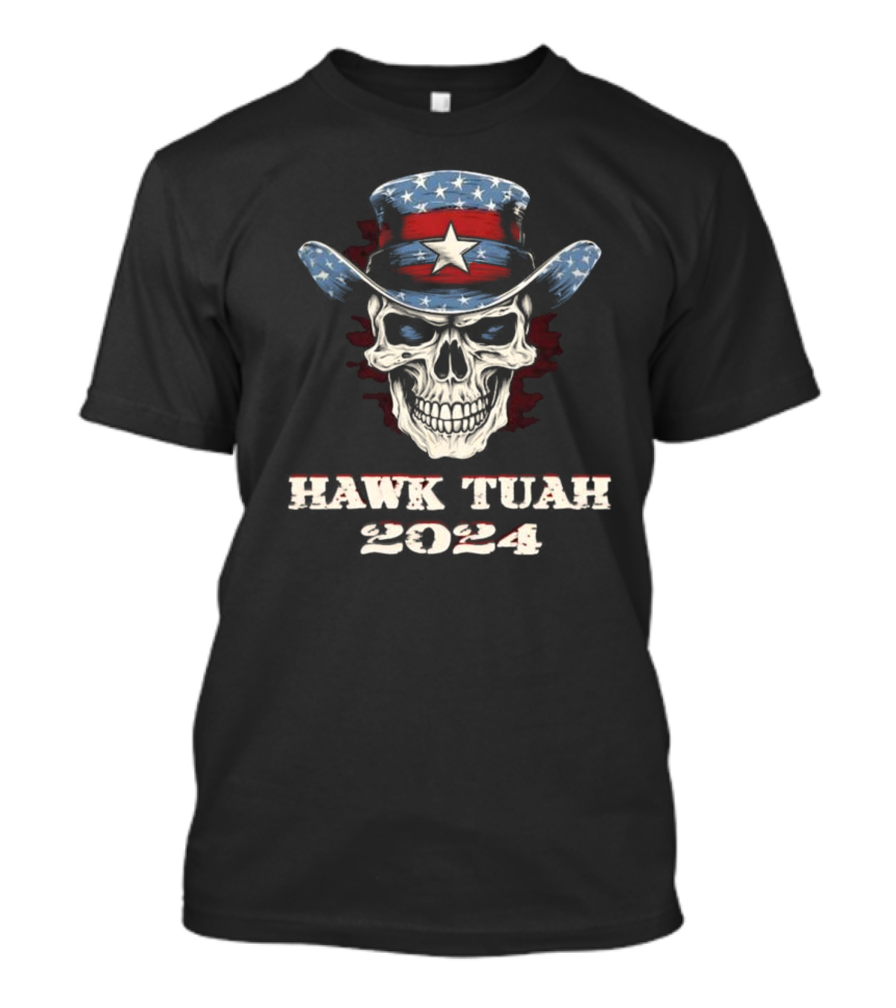 Hawk Tuah 2024 Skull With American Flag Cowboy Hat T-Shirt