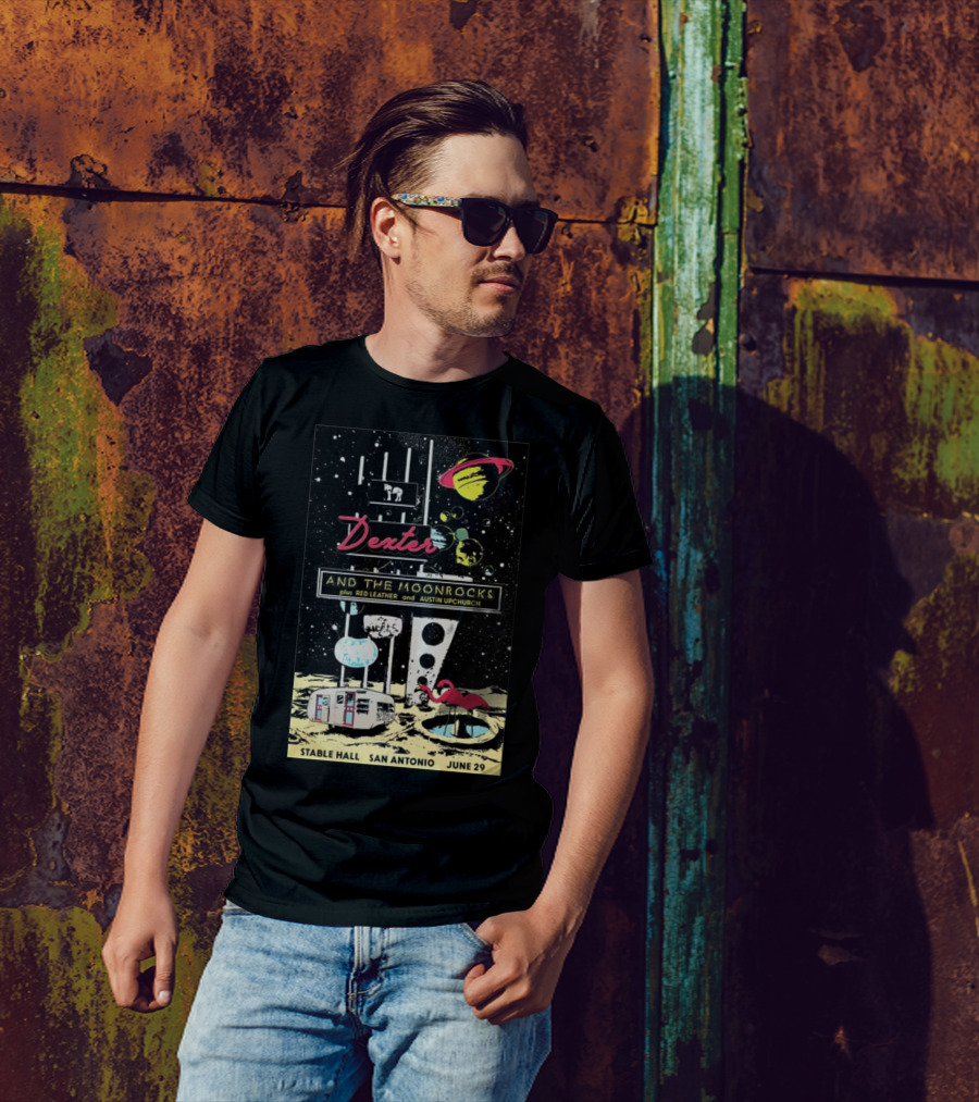 Dexter And The Moonrocks Plus Red Leather Austin Upchurch Stable Hall San Antonio June 29 2024 Space Flamingos Planets T-Shirt