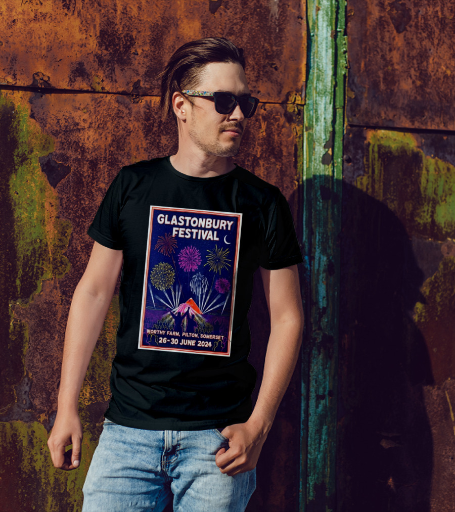 Glastonbury Festival Worthy Farm Pilton Somerset June 26-30 2024 Fireworks And Tent T-Shirt