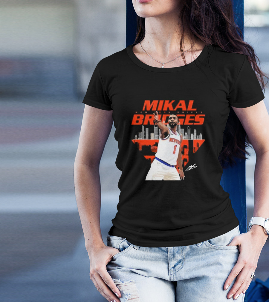 Mikal Bridges New York Knicks Skyline Signature Number 1 T-Shirt