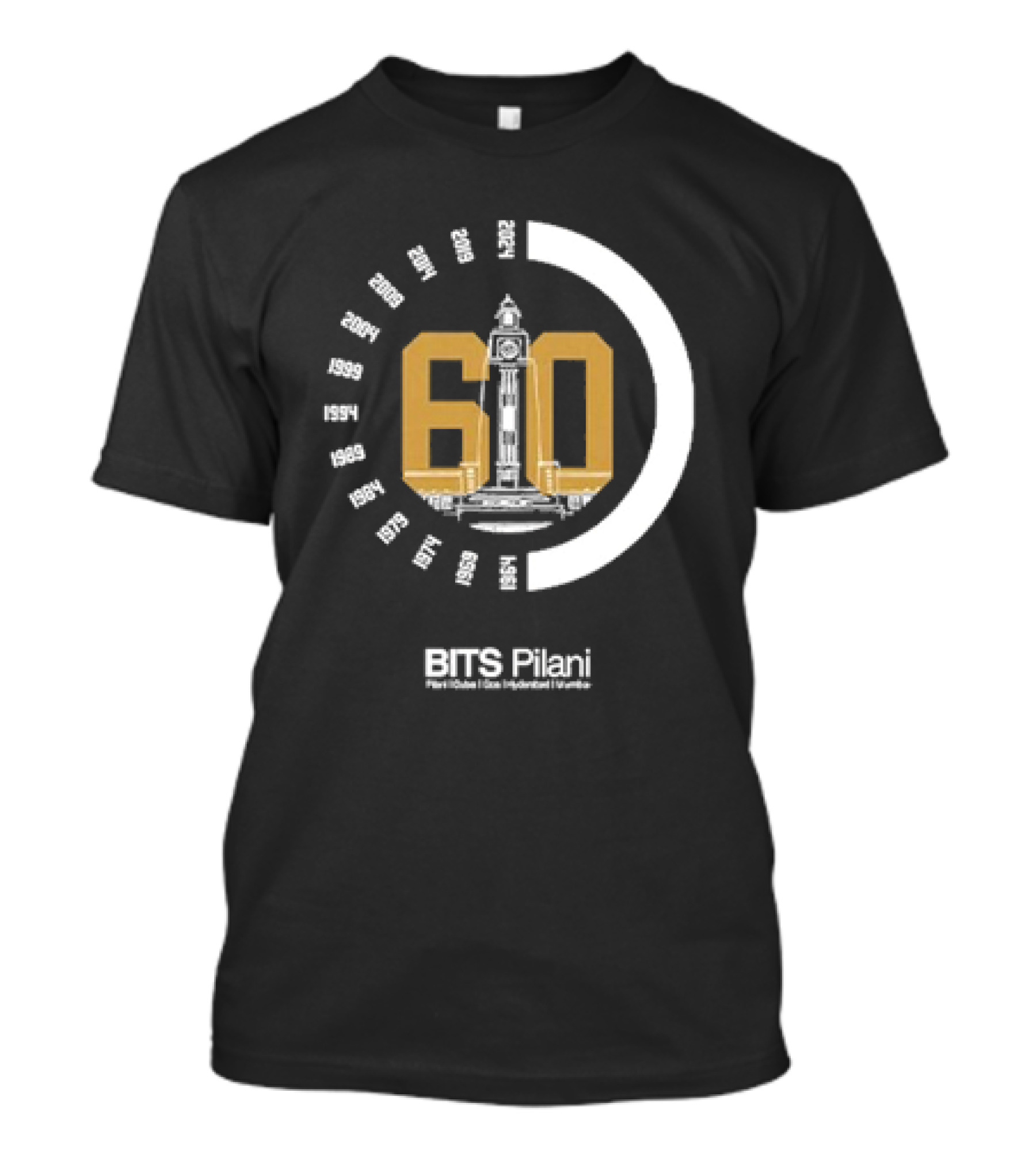 BITS Pilani 60th Anniversary 1964-2024 Ornate Clock Tower Design With Campus Locations T-Shirt