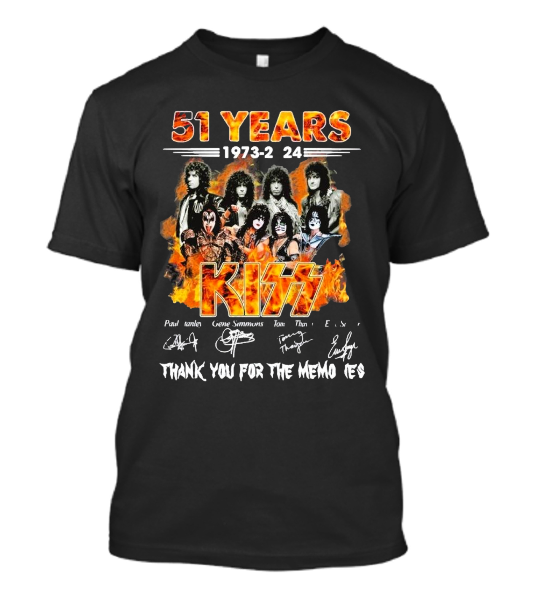 KISS 51 Years 1973-2024 Thank You For The Memories Paul Gene Simmons Tom Signatures T-Shirt