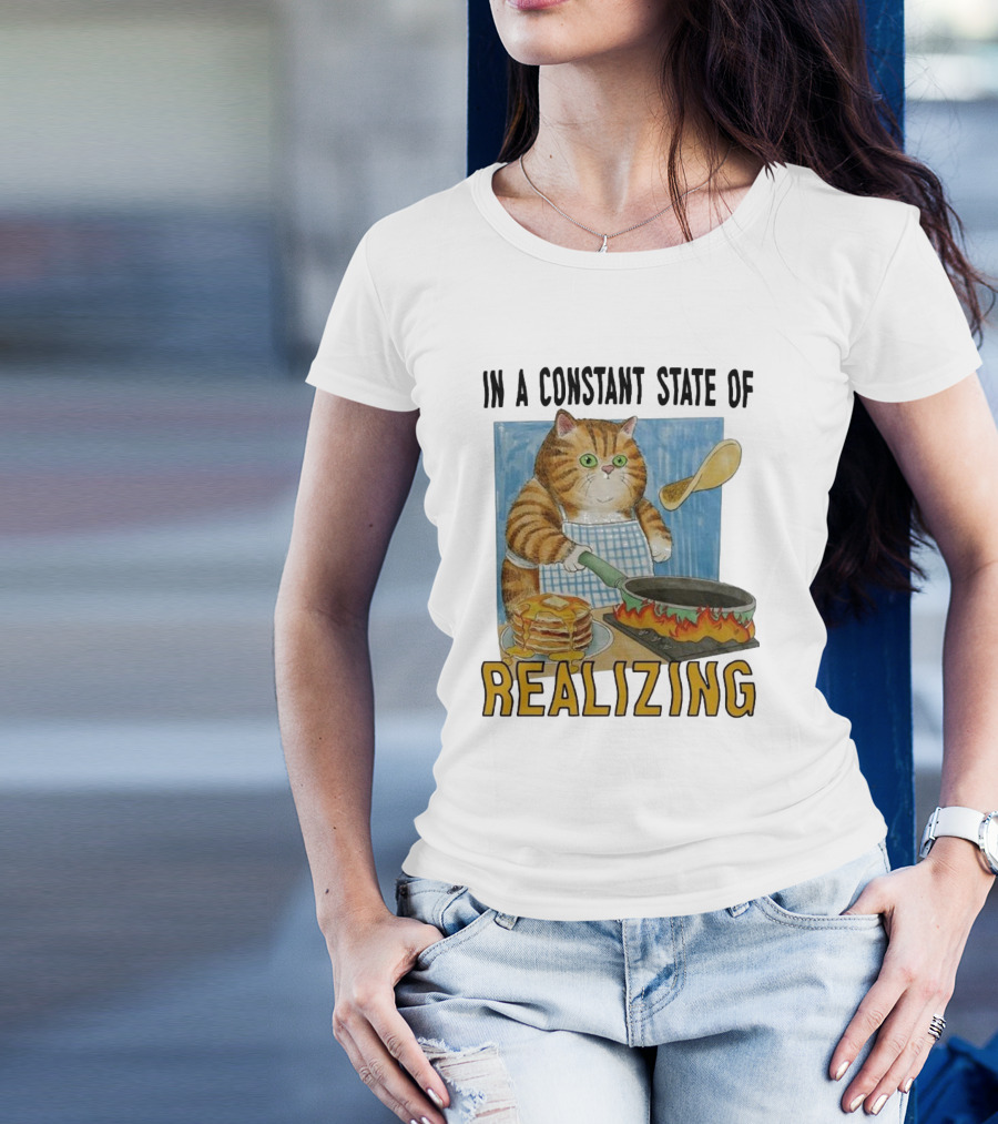 In A Constant State Of Realizing Cat Cooking Pancakes Flame Pan T-Shirt