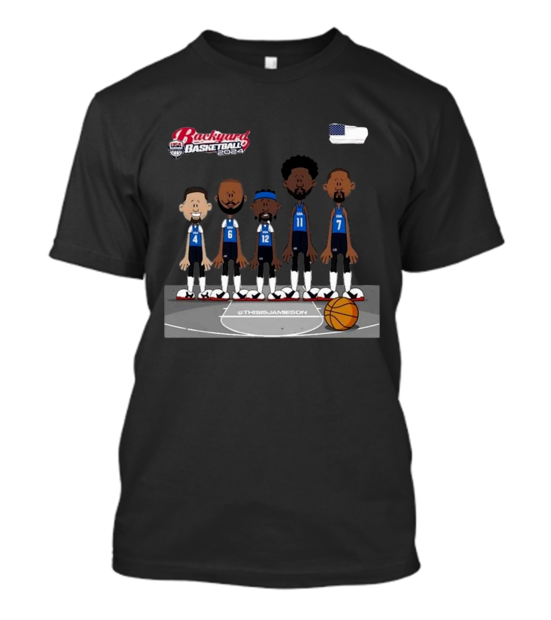Usa Men’s Basketball Backyard Basketball 2024 @thisisjameson Retro Cartoon Team Lineup T-Shirt