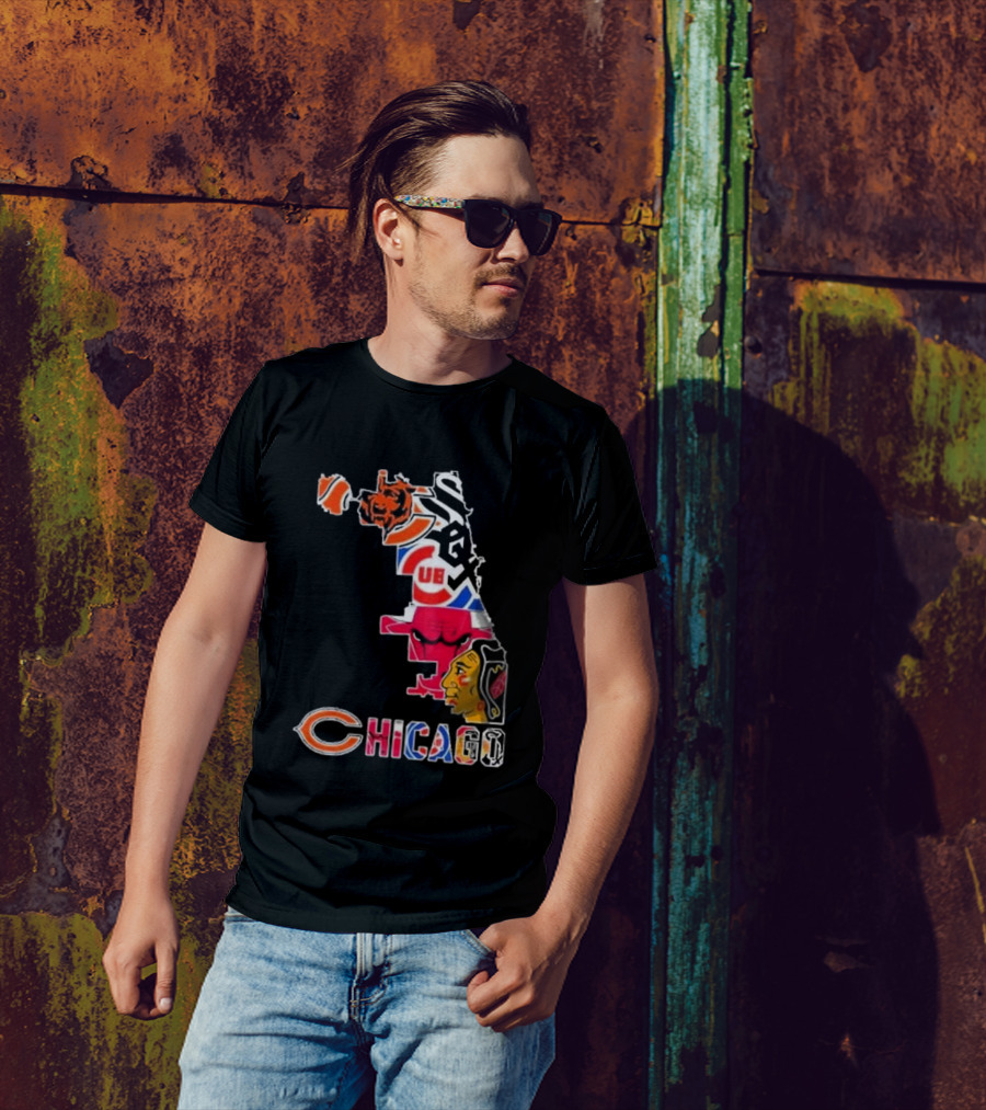 Chicago Bears Bulls Cubs White Sox Blackhawks Map T-Shirt
