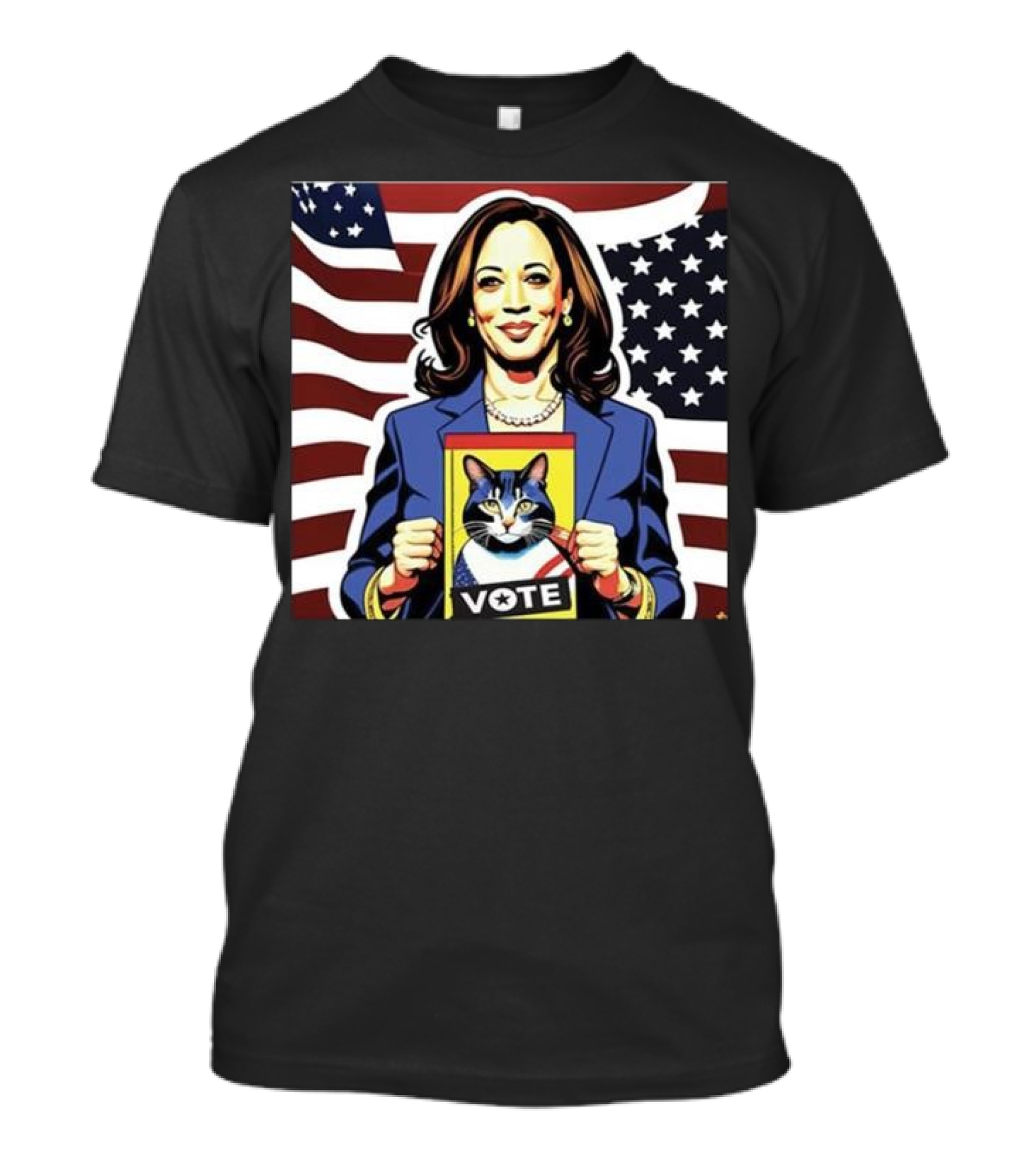 Kamala Harris Vote Cat Holding Campaign Poster American Flag Background T-Shirt