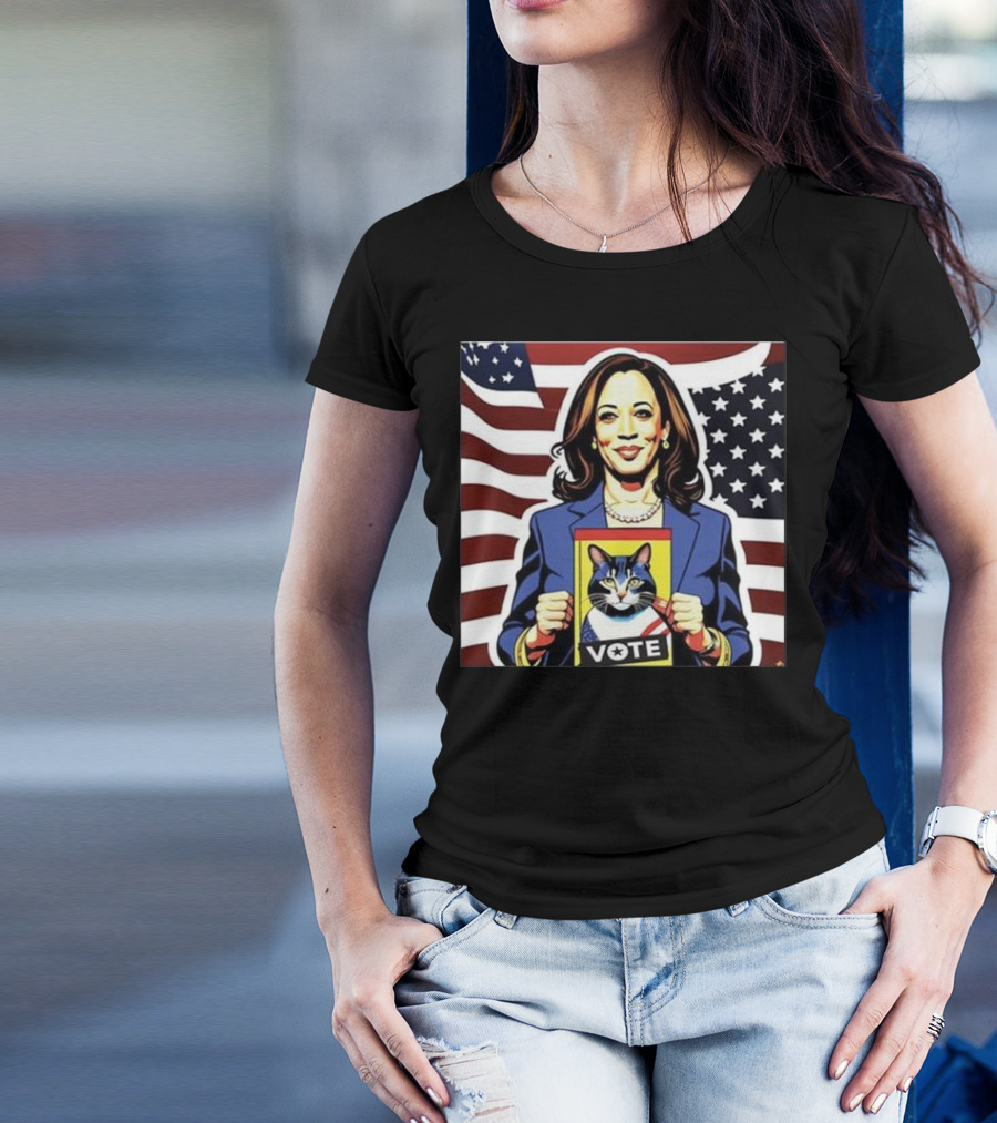 Kamala Harris Vote Cat Holding Campaign Poster American Flag Background T-Shirt