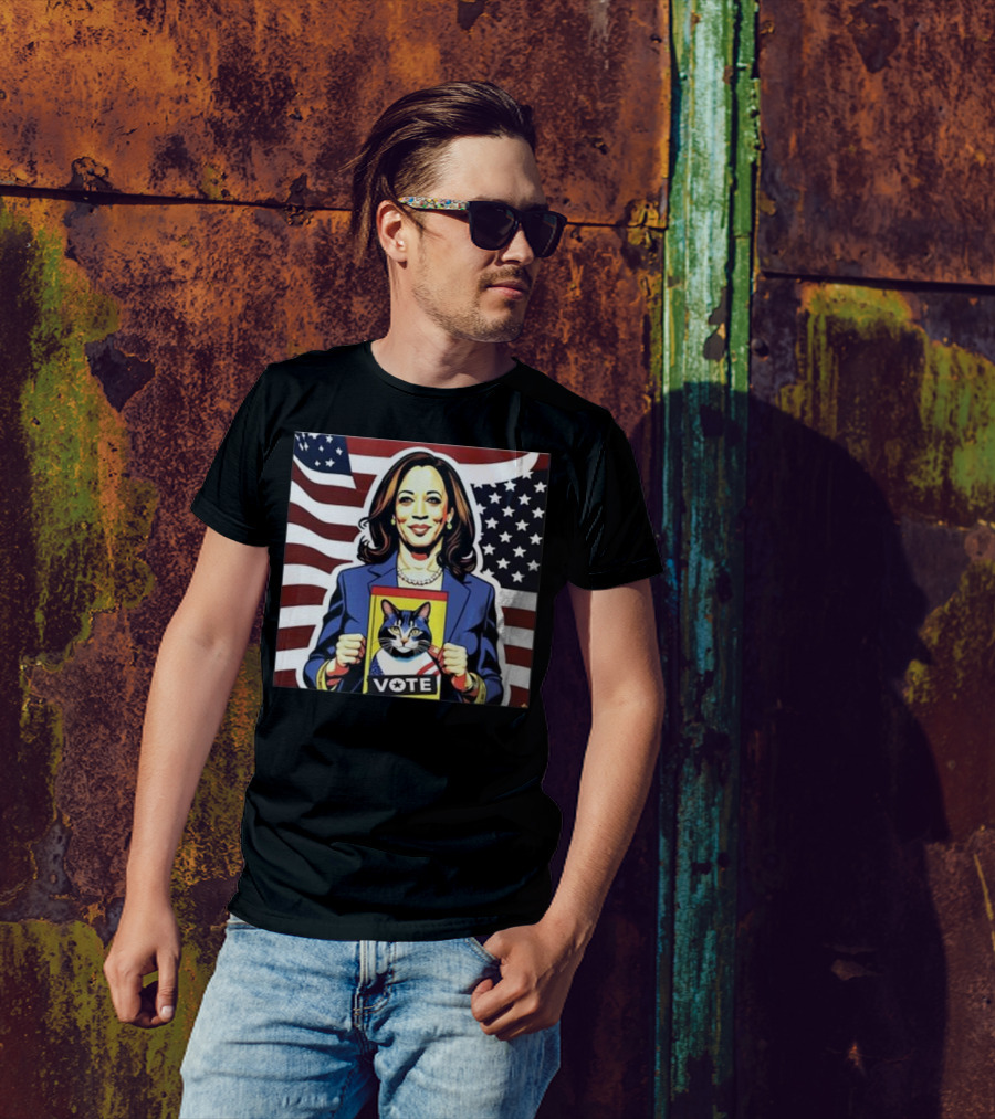 Kamala Harris Vote Cat Holding Campaign Poster American Flag Background T-Shirt