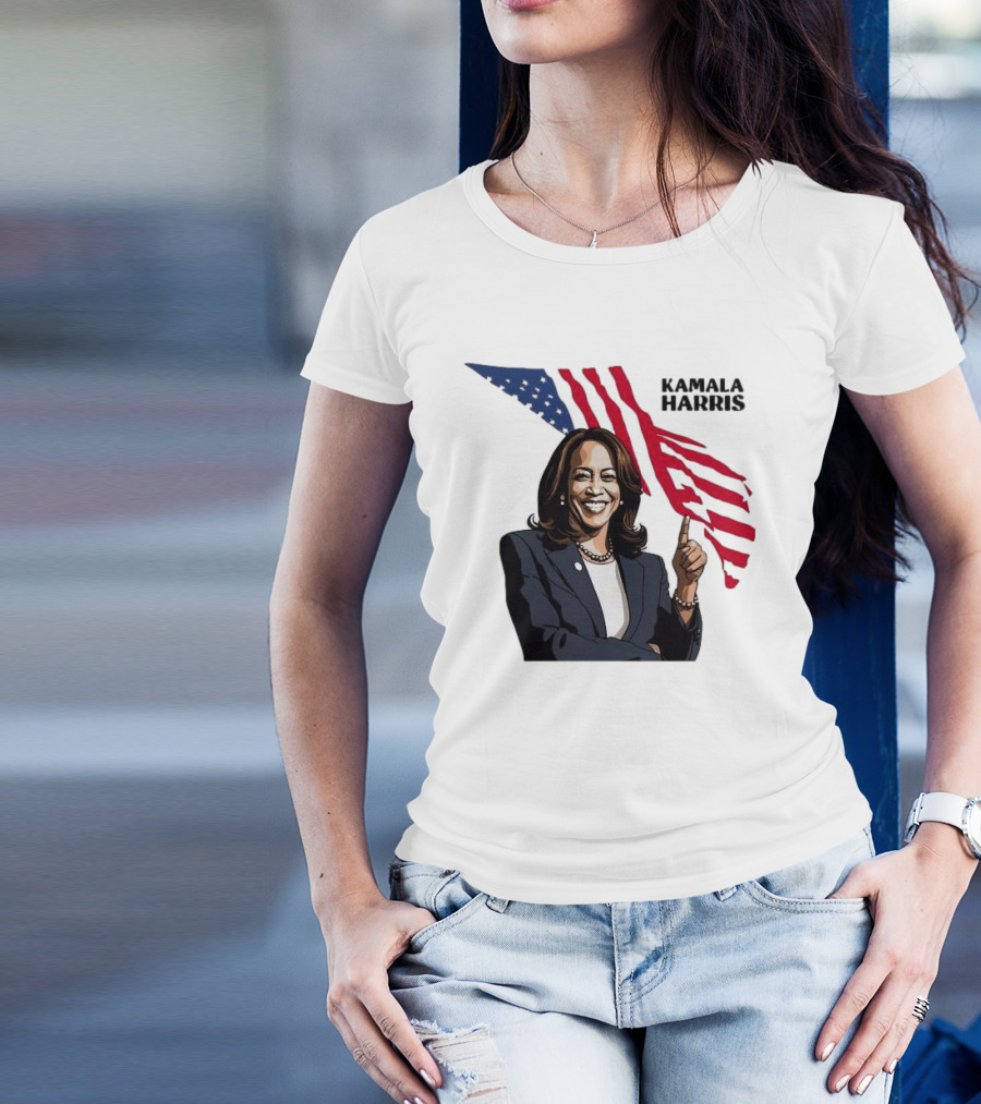 Kamala Harris Smiling With Stylized American Flag Background T-Shirt