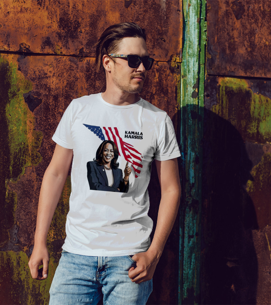 Kamala Harris Smiling With Stylized American Flag Background T-Shirt