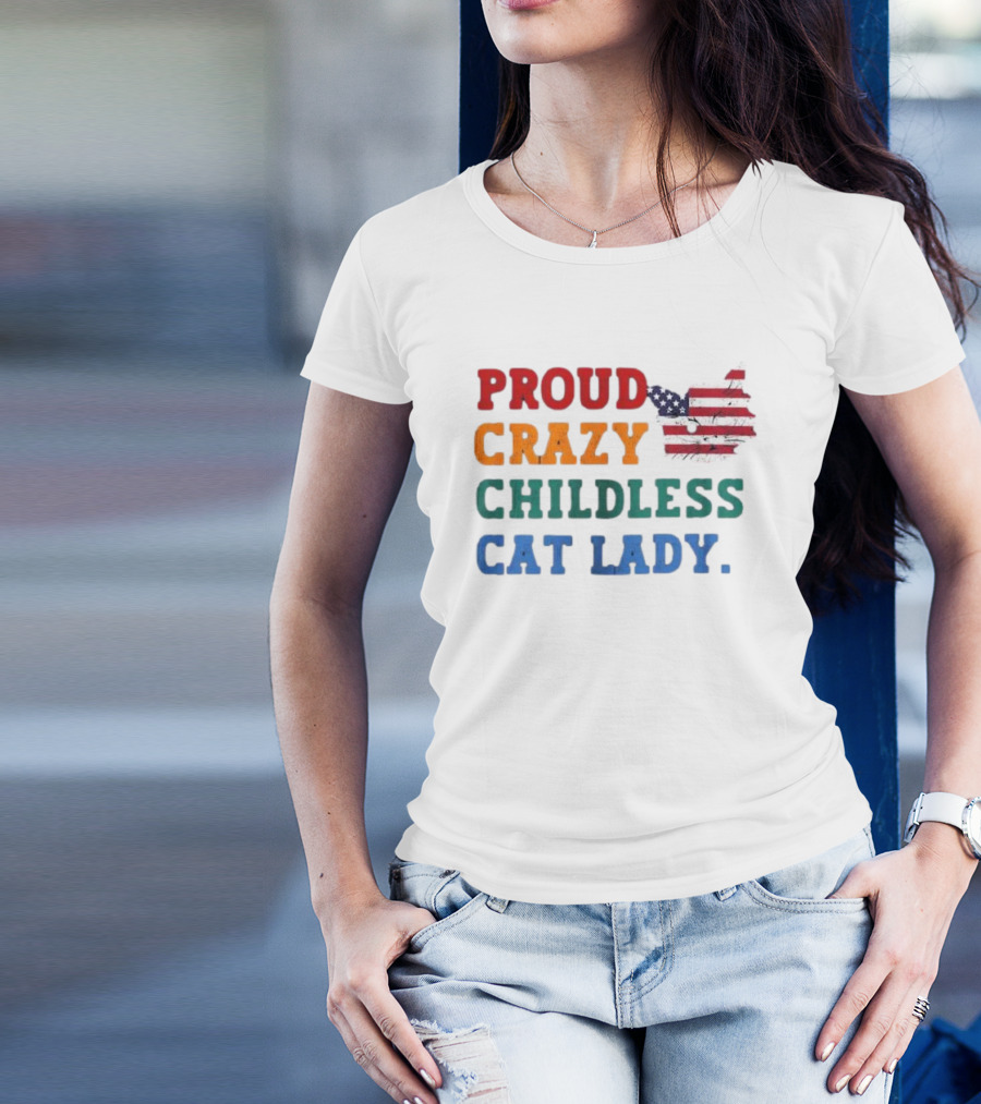 Proud Crazy Childless Cat Lady American Flag Cat T-Shirt