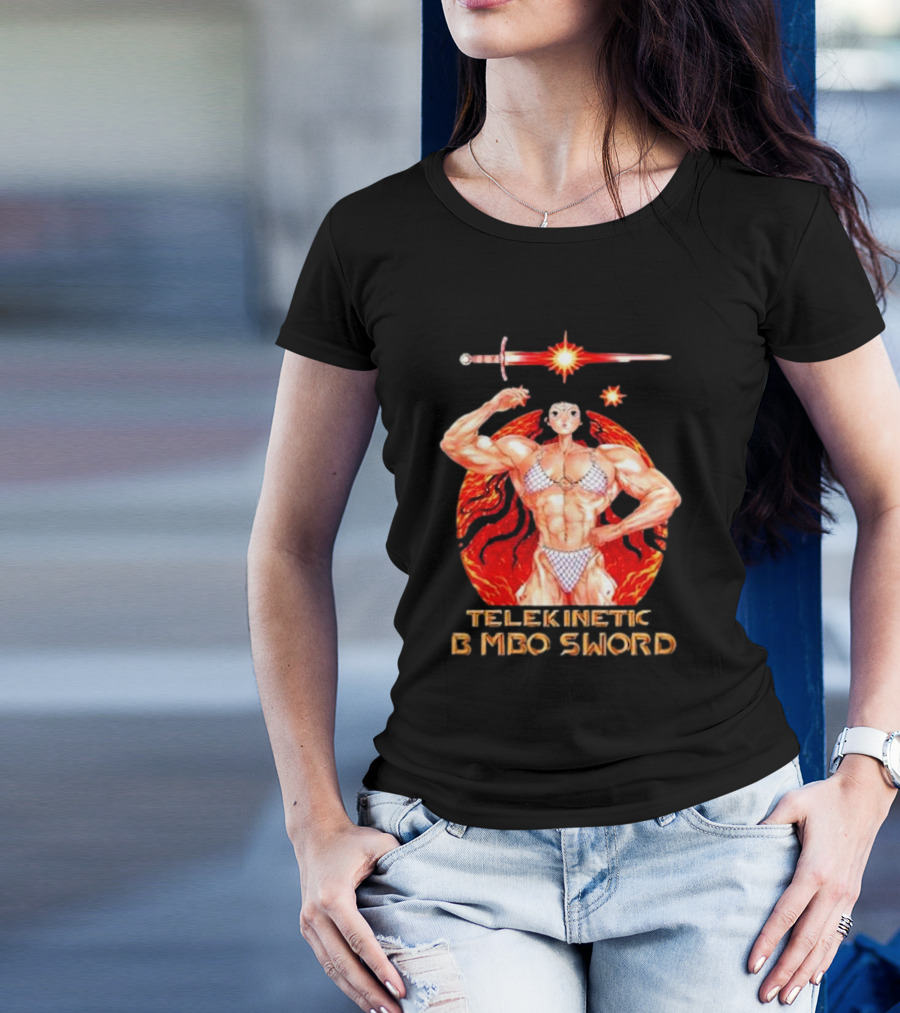 Reweki Telekinetic Bimbo Sword Muscle Warrior With Flaming Background T-Shirt