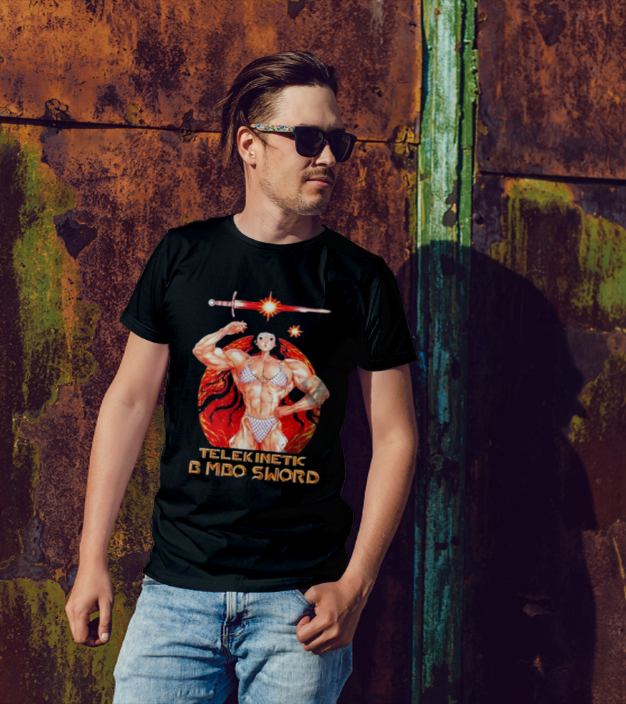 Reweki Telekinetic Bimbo Sword Muscle Warrior With Flaming Background T-Shirt