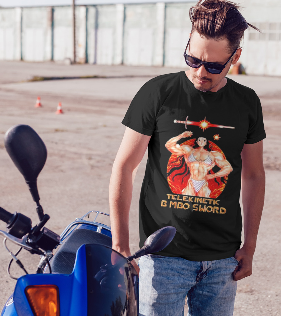 Reweki Telekinetic Bimbo Sword Muscle Warrior With Flaming Background T-Shirt