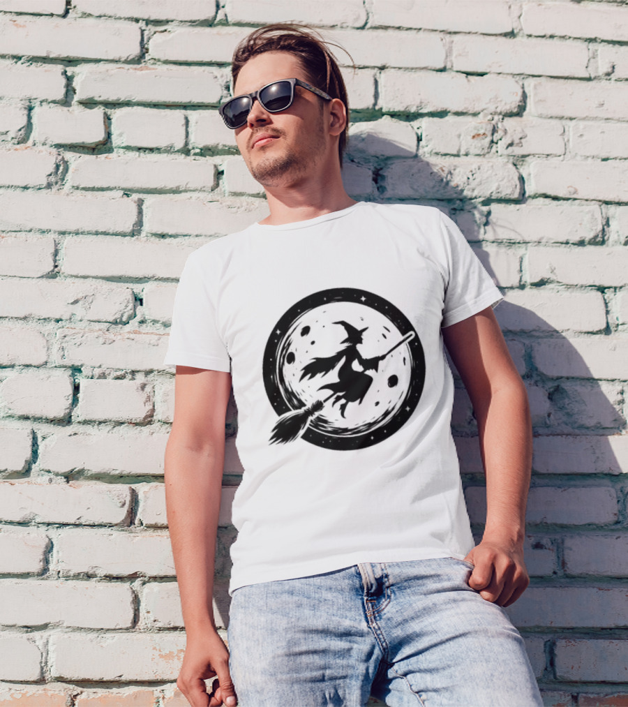 Spooky Halloween Witch Flying Across Full Moon Night T-Shirt