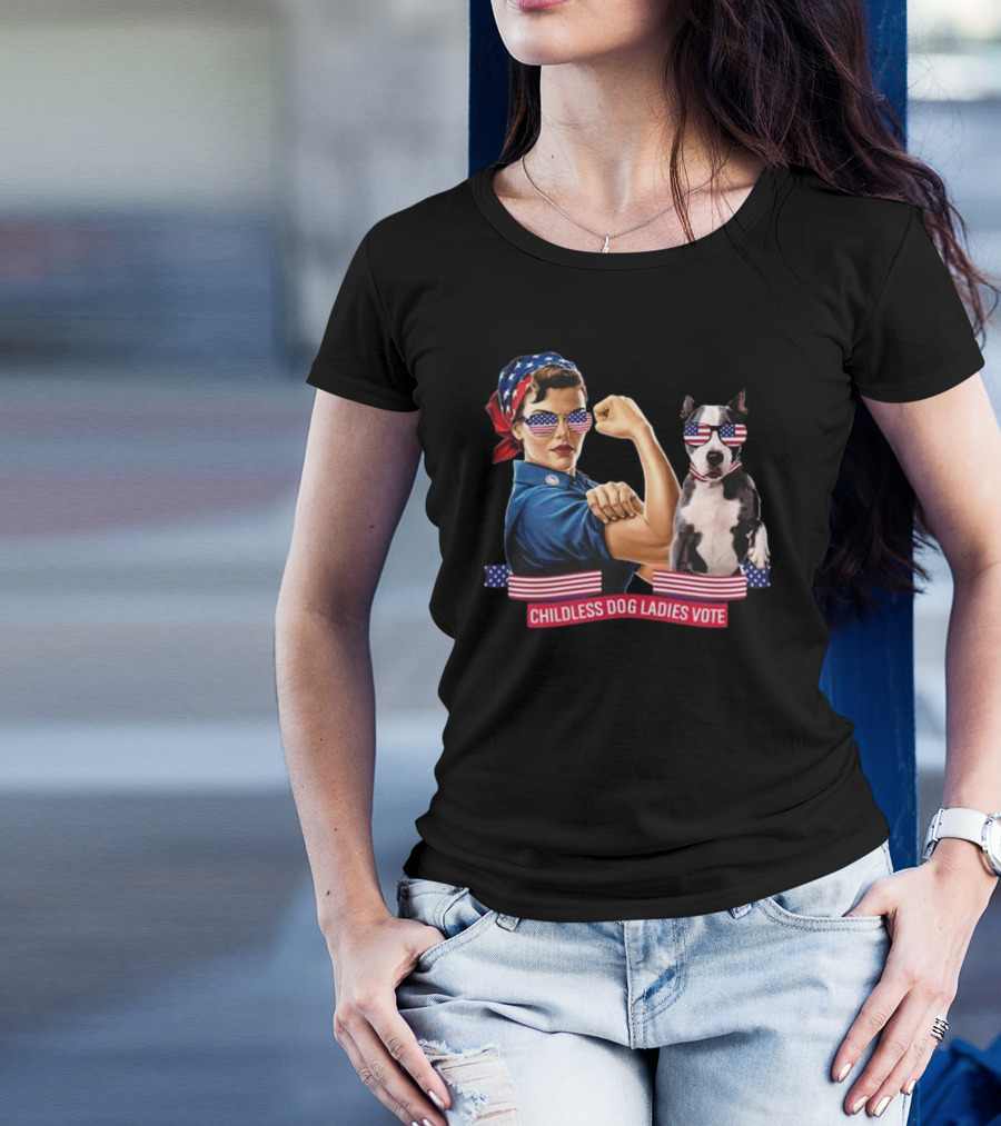 Strong Woman Kamala Harris 2024 Childless Dog Ladies Vote Rosie The Riveter American Flag Sunglasses T-Shirt