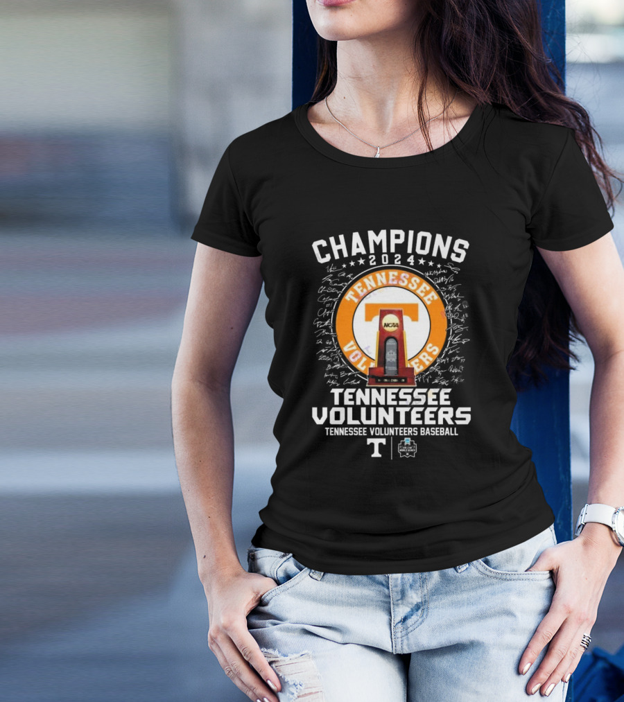 Champions 2024 Tennessee Volunteers Baseball NCAA Trophy Signatures T-Shirt