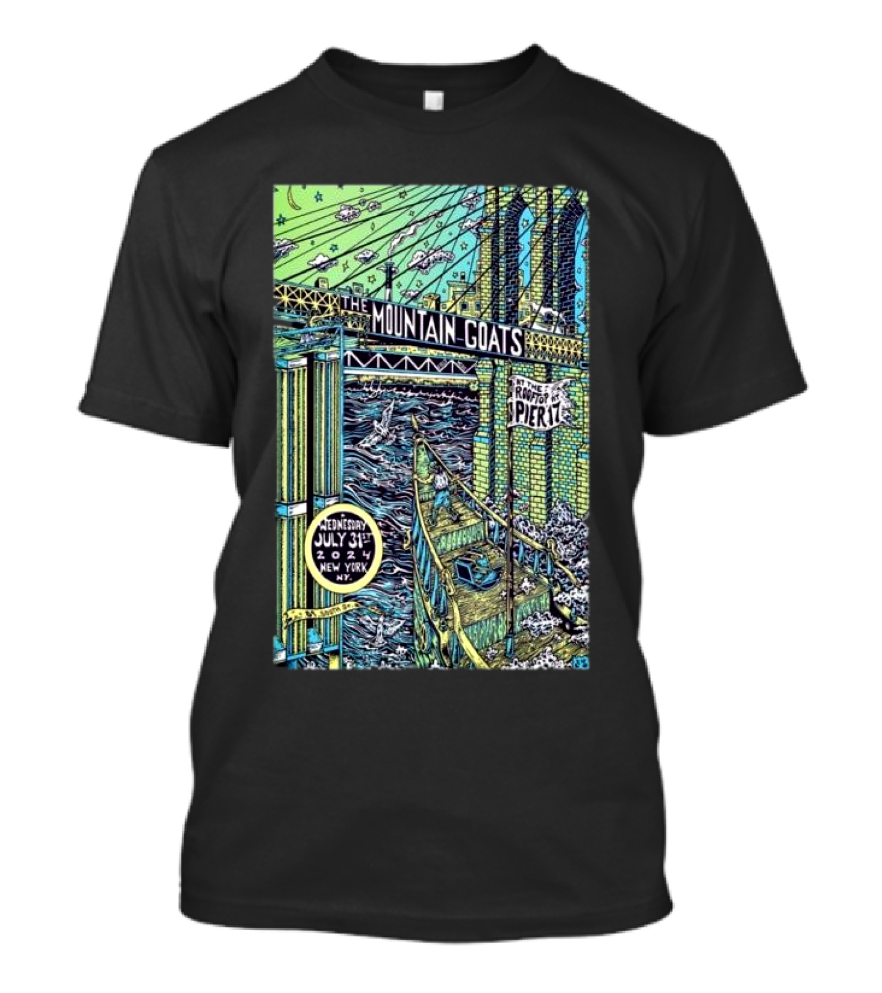 The Mountain Goats July 31 2024 New York Pier 17 Rooftop Concert Artwork Brooklyn Bridge Scene T-Shirt