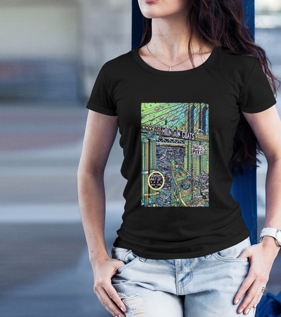 The Mountain Goats July 31 2024 New York Pier 17 Rooftop Concert Artwork Brooklyn Bridge Scene T-Shirt