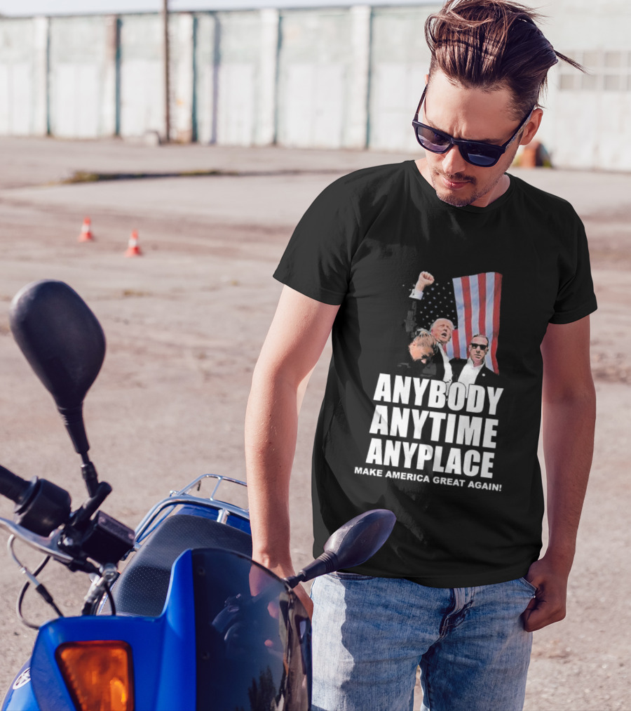 Anybody Anytime Anyplace Make America Great Again Flag And Figures T-Shirt