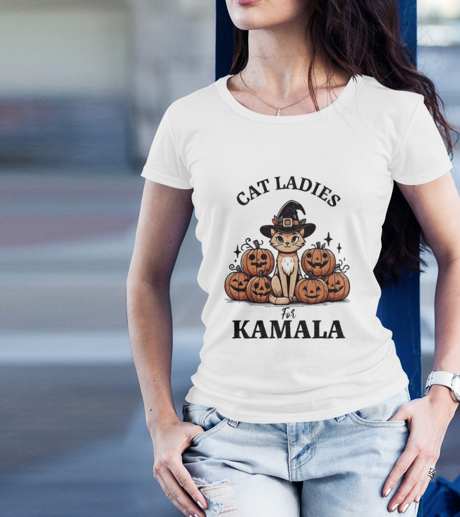 Cat Ladies For Kamala Halloween Cat Witch Pumpkins Presidential Election T-Shirt