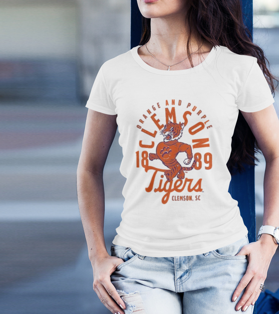 Clemson Tigers Orange And Purple Mascot Overlay 1889 Clemson SC T-Shirt