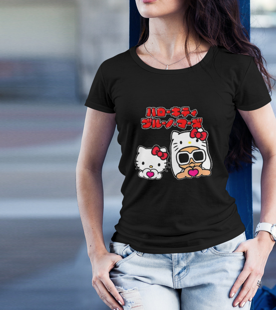 Bruno Mars X Hello Kitty Collaboration Japan Style Cute Characters With Sunglasses And Heart T-Shirt