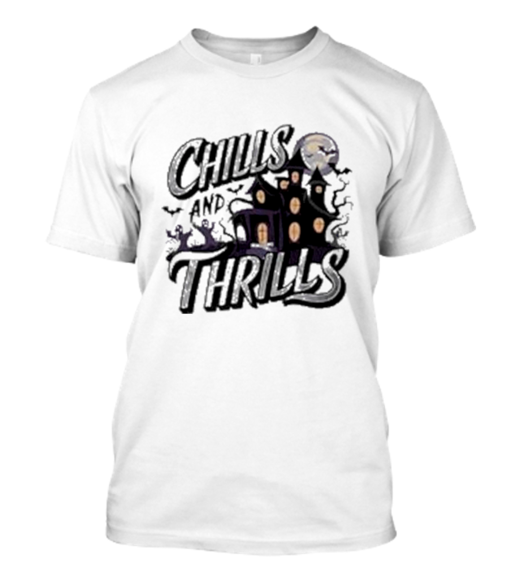 Chills And Thrills Haunted House Halloween Moon Bats Ghosts T-Shirt