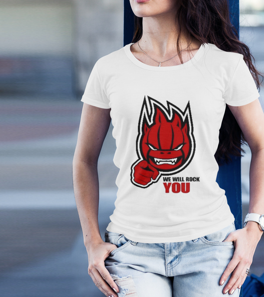 Sir Safety Perugia We Will Rock You Red Flame Character With Pointing Finger T-Shirt