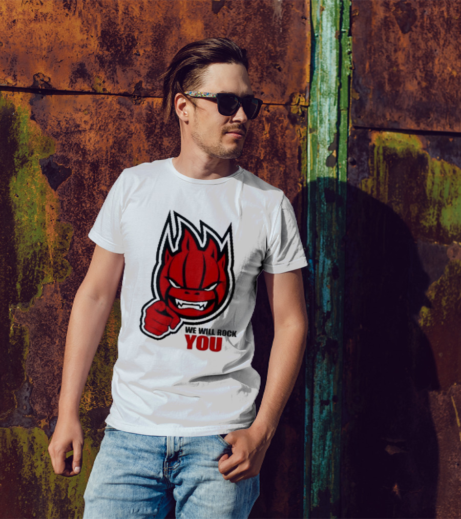 Sir Safety Perugia We Will Rock You Red Flame Character With Pointing Finger T-Shirt