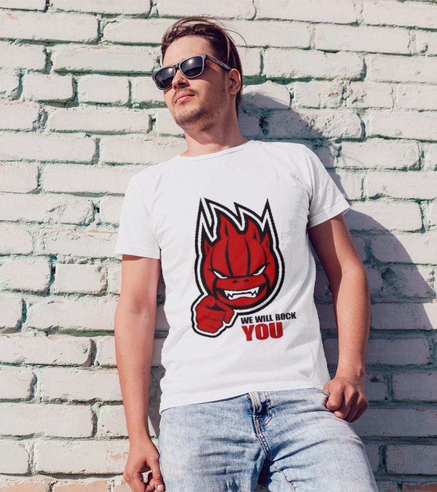 Sir Safety Perugia We Will Rock You Red Flame Character With Pointing Finger T-Shirt