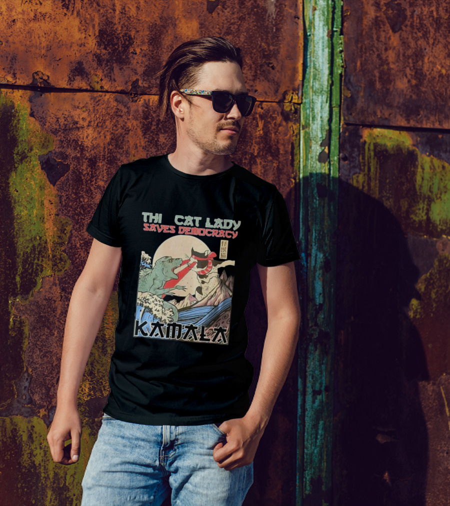 THI CAT LADY SAVES DEMOCRACY KAMALA Japanese Style Political T-Shirt
