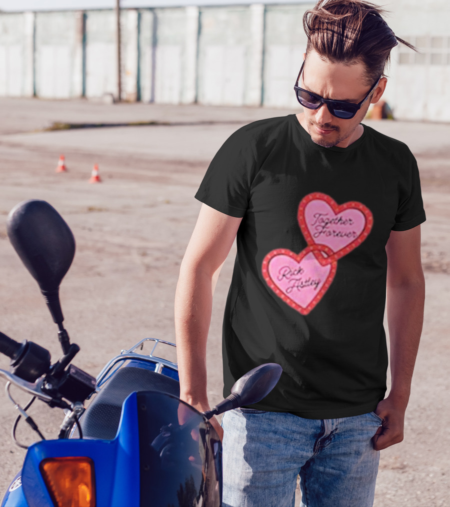 Together Forever Rick Astley Hearts Black T-Shirt