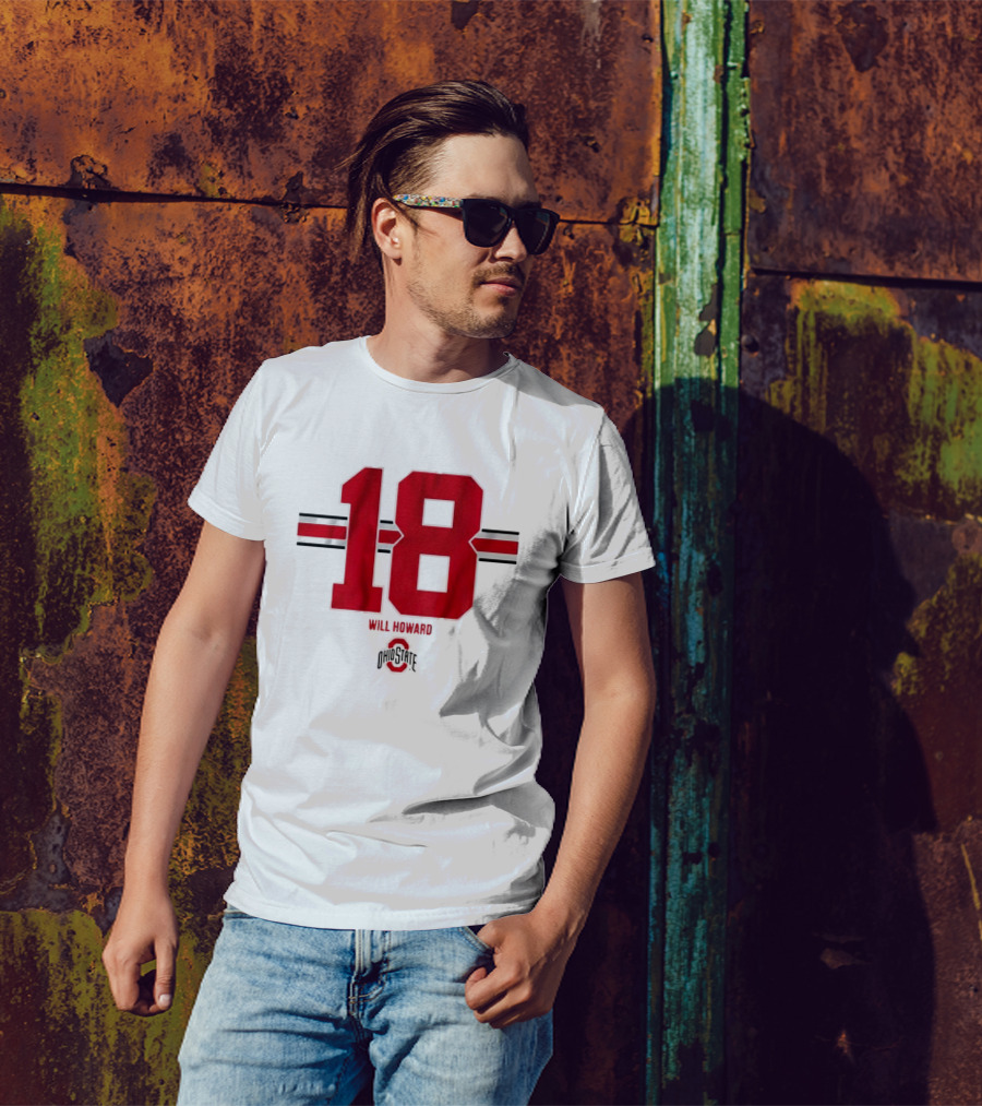 Ohio State Buckeyes Football Will Howard 18 Ohio State Logo Stripe T-Shirt