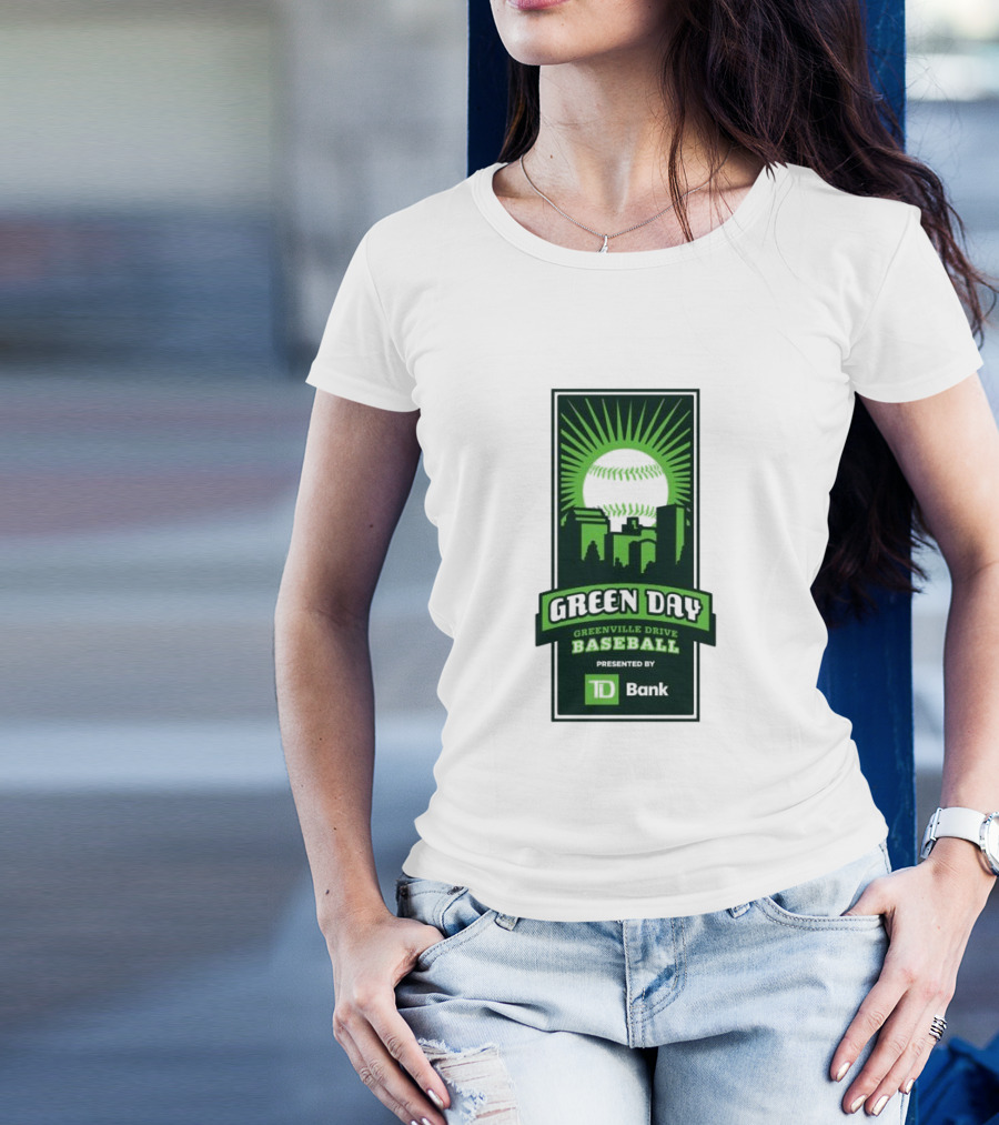Green Day Greenville Drive Baseball Presented By TD Bank Skyline Baseball Sunburst T-Shirt
