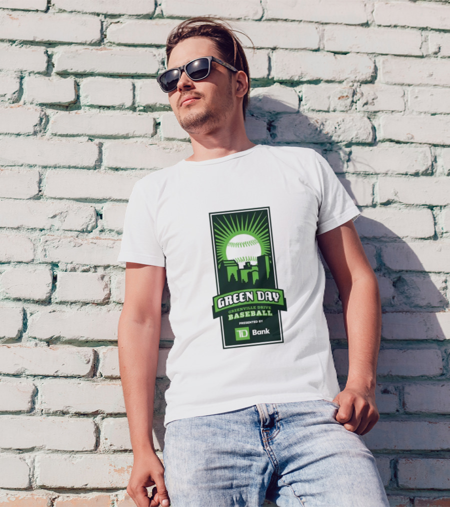 Green Day Greenville Drive Baseball Presented By TD Bank Skyline Baseball Sunburst T-Shirt